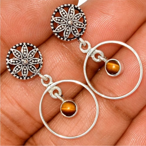 Marcasite Tigers Eye Sterling Silver Post Earrings - Picture 1 of 1